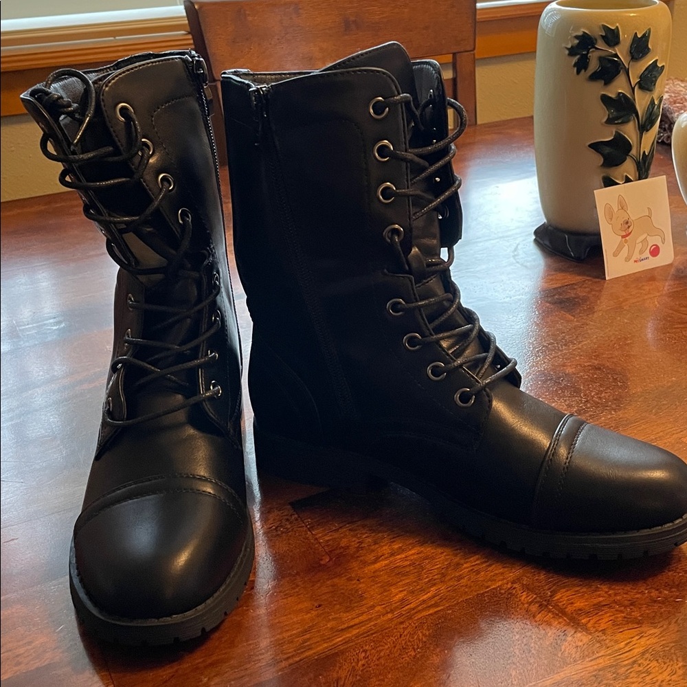 DREAM PAIRS Mid-Calf Lace Up Combat Boot, Women’s 6, Black